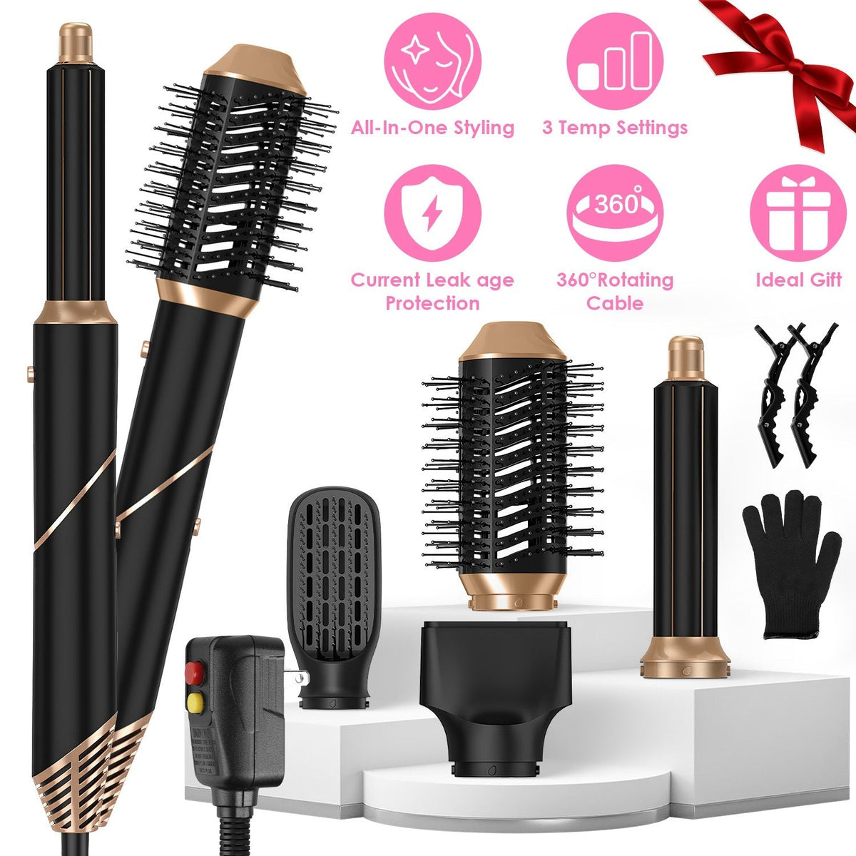 5 In 1 Hot Air Styler Straightener Curler Dryer Automatic Wrap Styler Hair Dryer Brush Set with 3 Temp Settings ALCI Plug Glove Cable Tie 2 Alligator