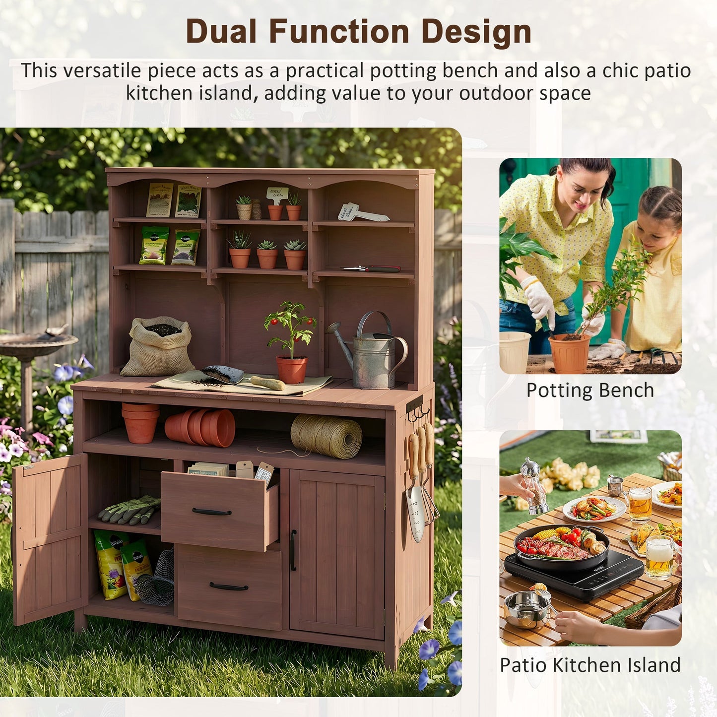 TOPMAX Large Fir Wood Potting Bench with Hutch and Storage
