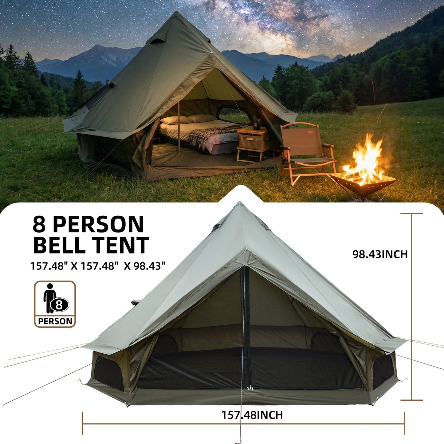 4 Season Bell Tent 13.1FT, Green Waterproof Glamping Yurt Tent