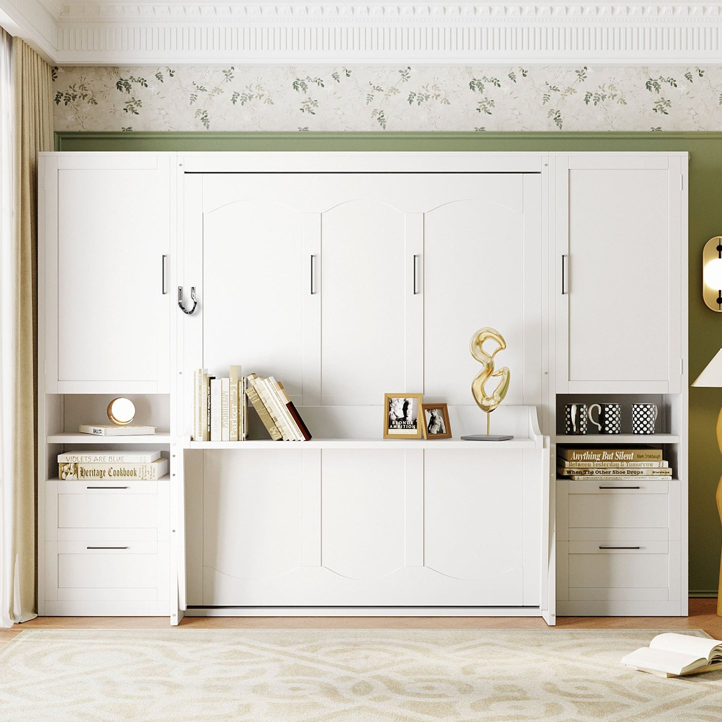 Queen Size Murphy Bed Wall Bed with Closet, Drawers and Shelves, White