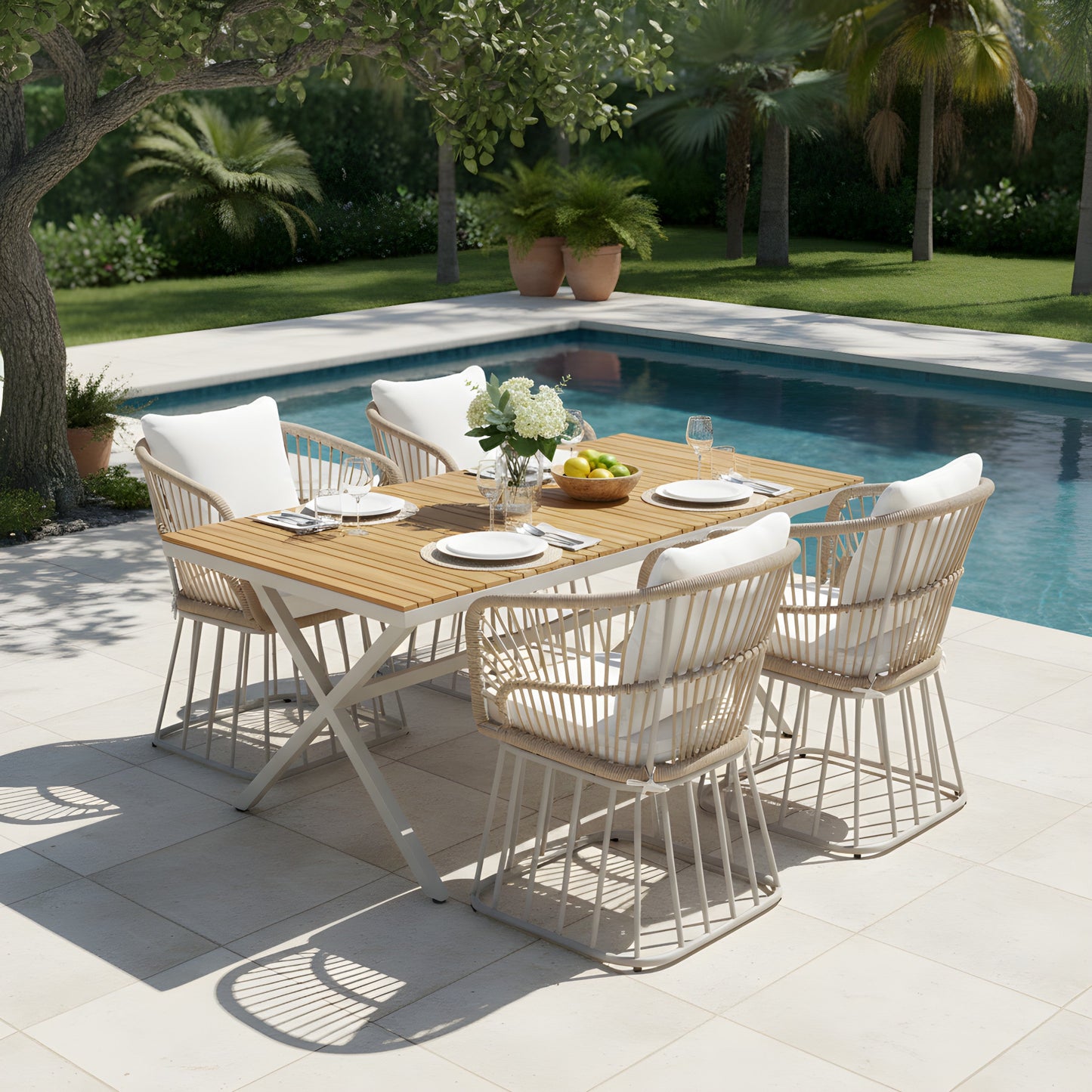 Outdoor 5-Piece Dining Set - Rectangular Teak Wood Table + 4 Wicker Chairs with Cushions