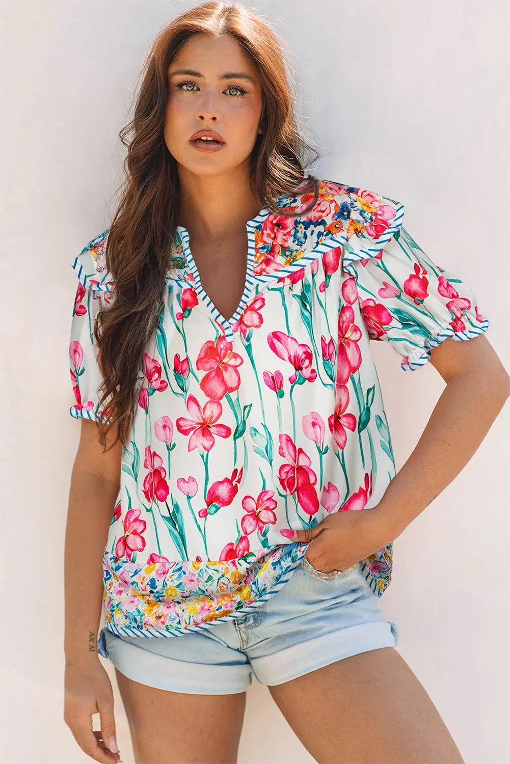 Women's Blouse - Floral Print & Striped Trim - Southern Belle Style