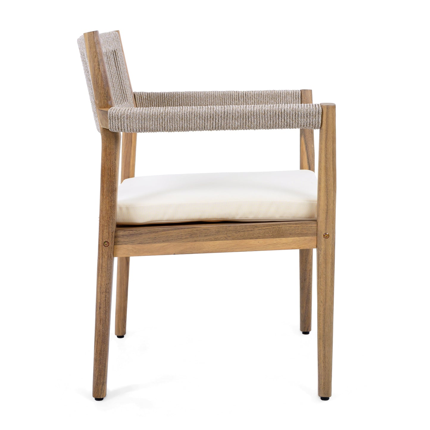 Braided Acacia Wood Outdoor Dining Chairs Set of 4 – Teak Look with Beige Rope & Cream Cushions