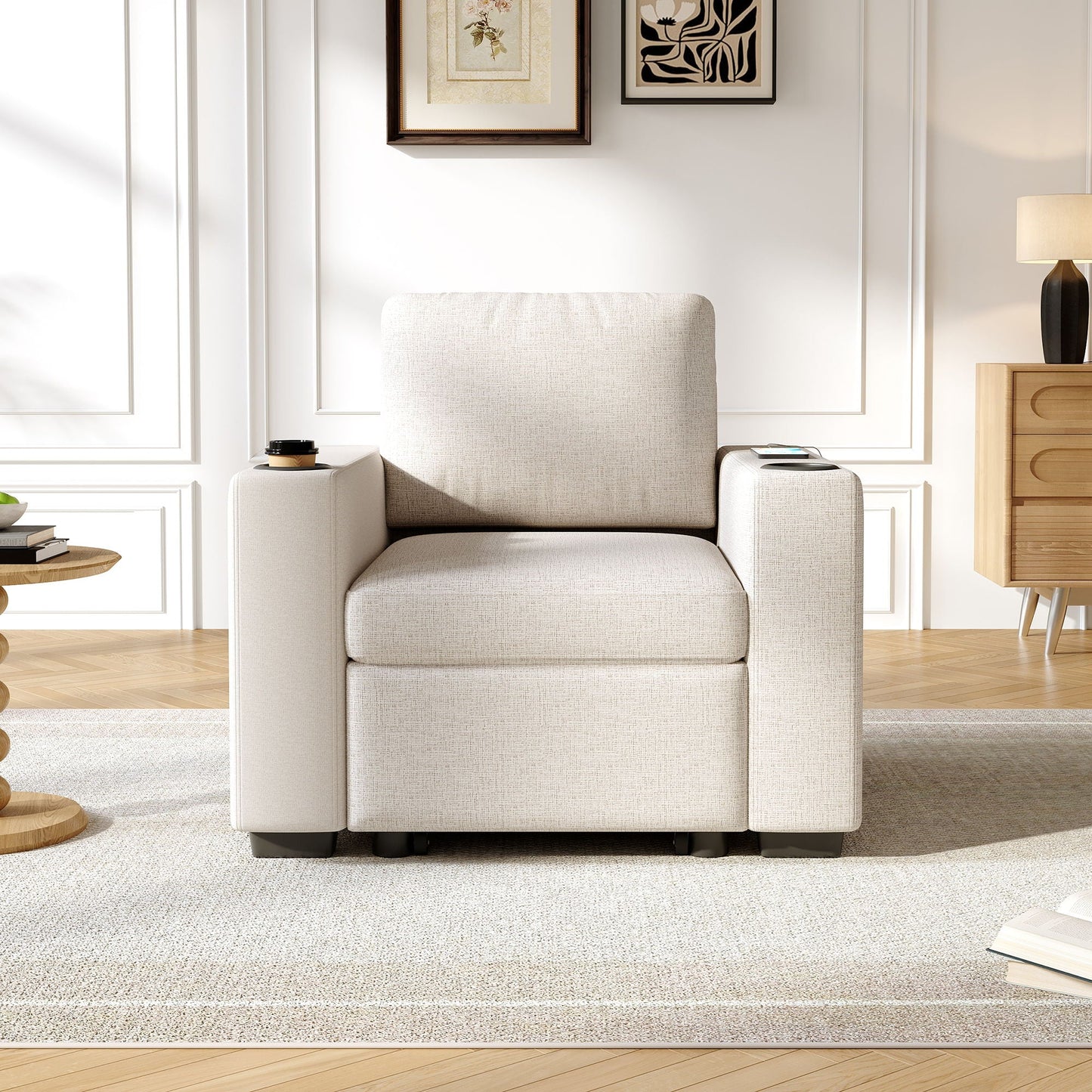 Single Pull Out Sofa Bed With USB Ports And Cup Holders