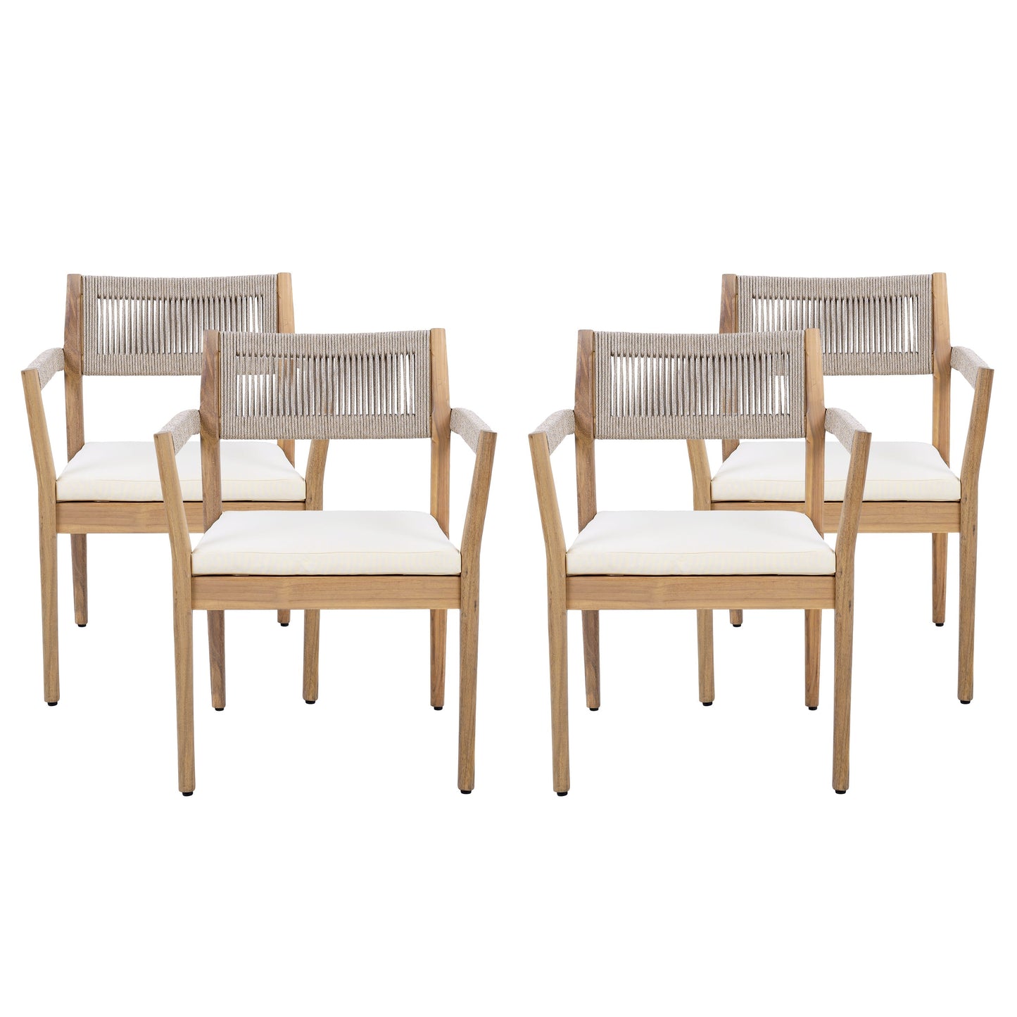 Braided Acacia Wood Outdoor Dining Chairs Set of 4 – Teak Look with Beige Rope & Cream Cushions