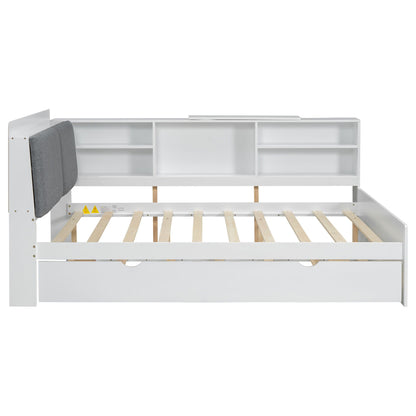 Platform Bed With Trundle, Shelves, And Storage Headboard