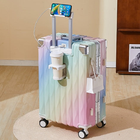 Aluminum Frame Hard Shell Luggage, Colorful And Fashionable, No Zipper Aluminum Frame, TSA Lock, With Cup Holder USB Interface, Aluminum Frame Travel Box, Durable Password Box