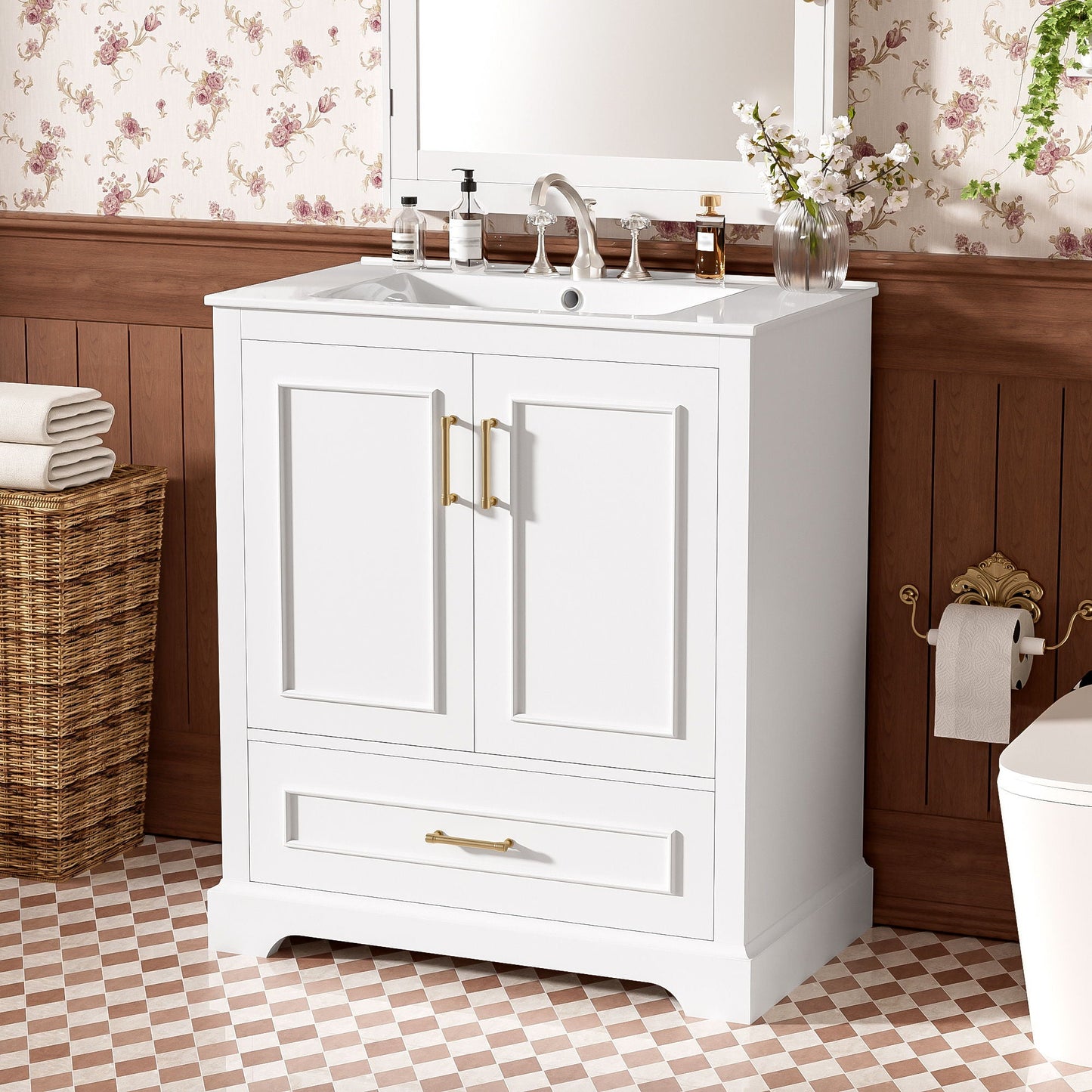 Bathroom Vanity With Sink, 1 Divided Drawer And 2 Soft Close Doors With Double Shelf