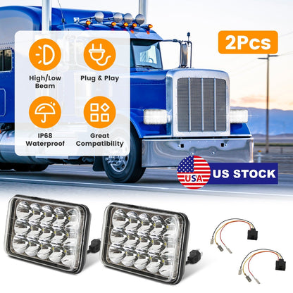 4x6in Car LED Headlights Vehicle Rectangular Headlamp with H4 Socket H4-to-3Pins Adapter with High Low Beam White Light IP68 Waterproof for 10-80V SUV