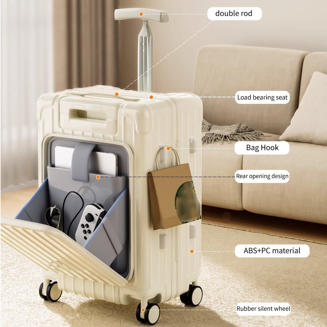Double Pole Design Portable Luggage, Mother's Luggage, Children's Riding And Sitting Roller Luggage, Front Opening Luggage, Silent Rotating Wheels, Dry Wet Separation, T-shaped Handle Travel Bag