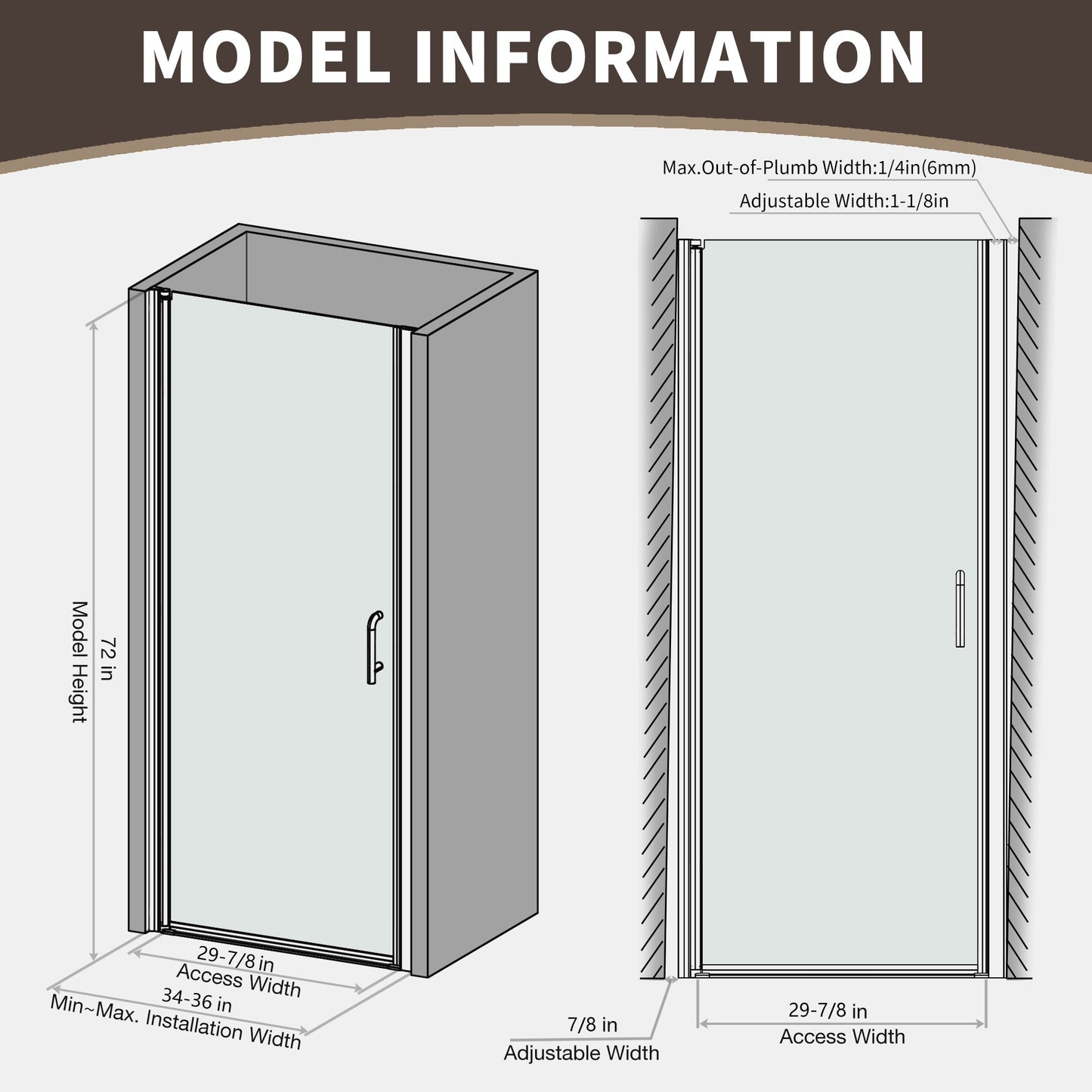 34 In. to 36 In. x 72 In. Semi-Frameless Pivot Shower Door