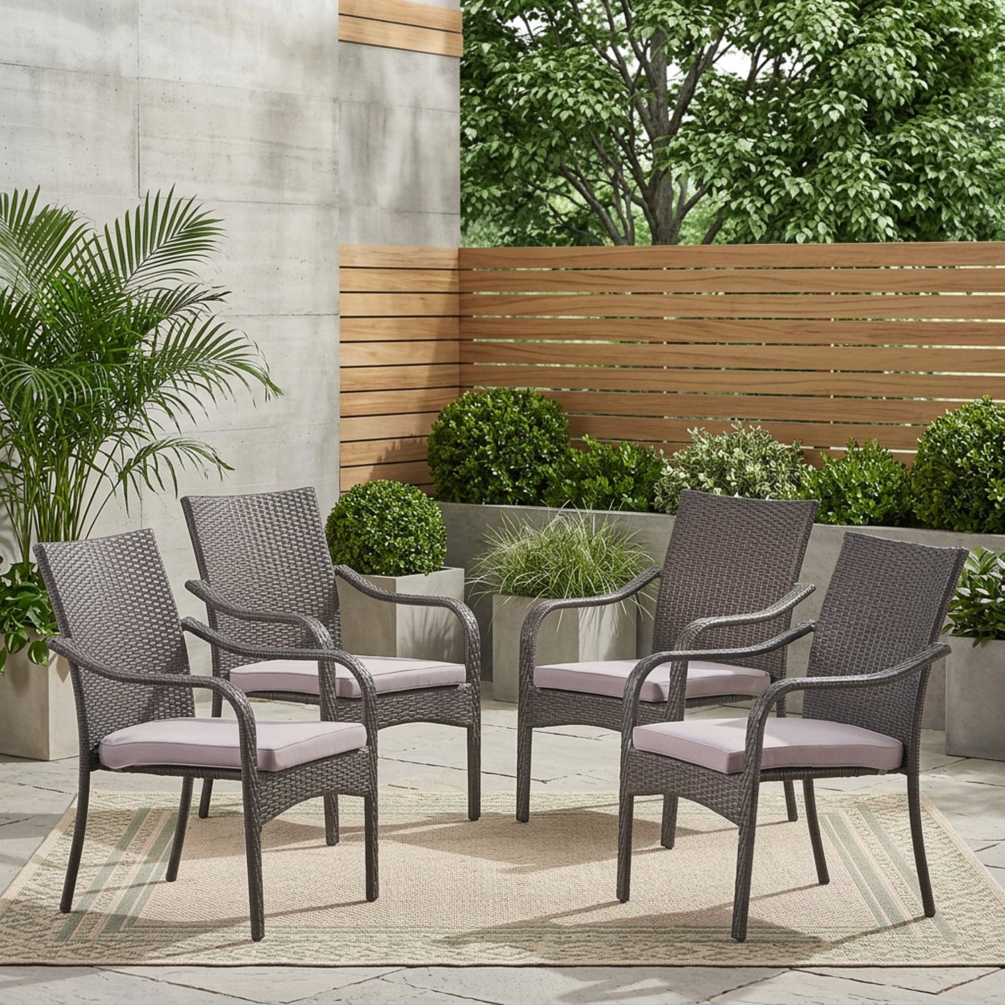 Outdoor PE Rattan Stacking Chair with Iron Frame and Cushions (Set of 4)