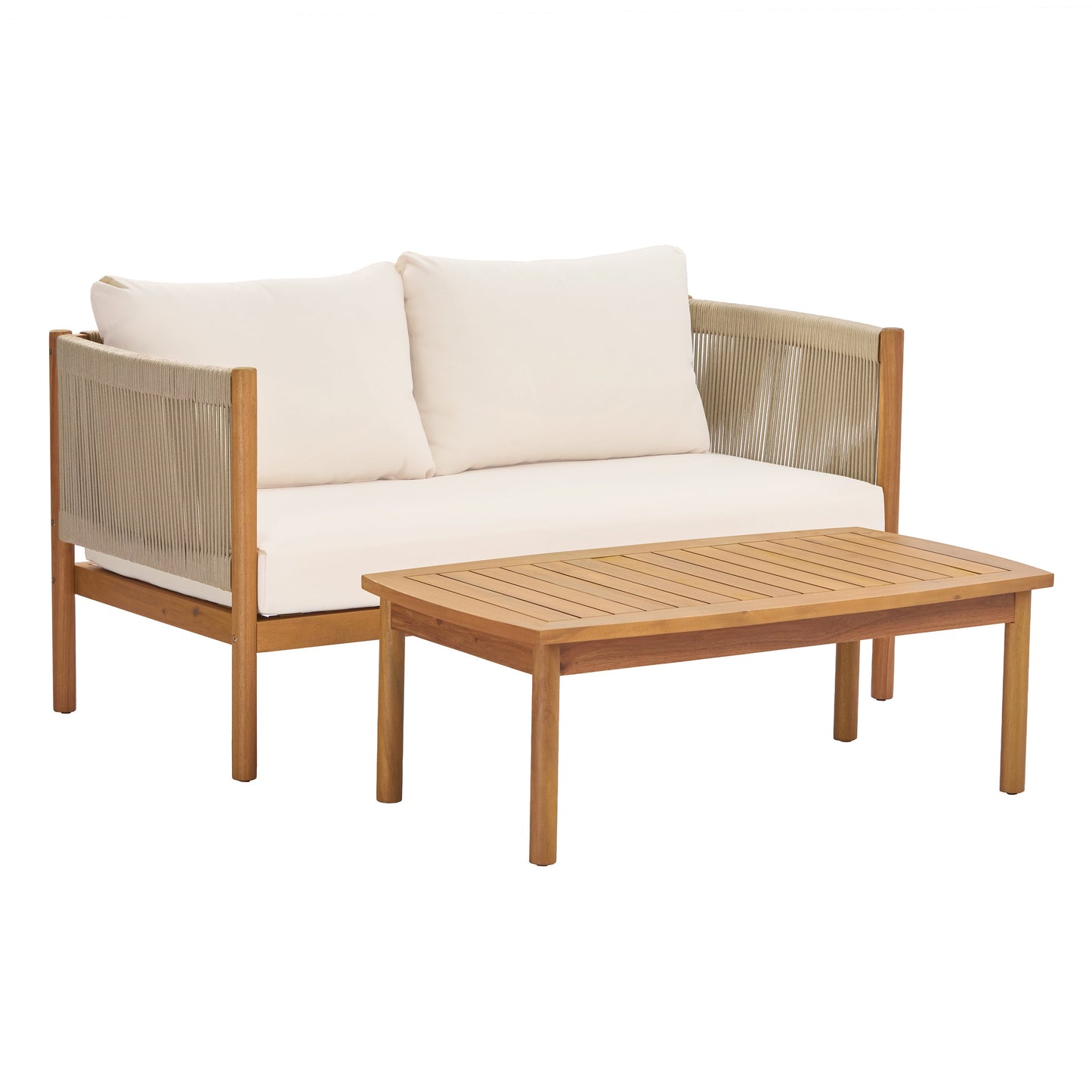 Outdoor Loveseat and Coffee Table Set with Acacia Wood Frame in Teak Look