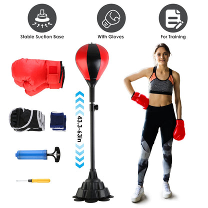 Punching Bag with Stand Free Standing Boxing Ball for Adults 43.3-63in Height Adjustable Boxing Bag with Gloves Wrist Sleeves Stable Suction Base for