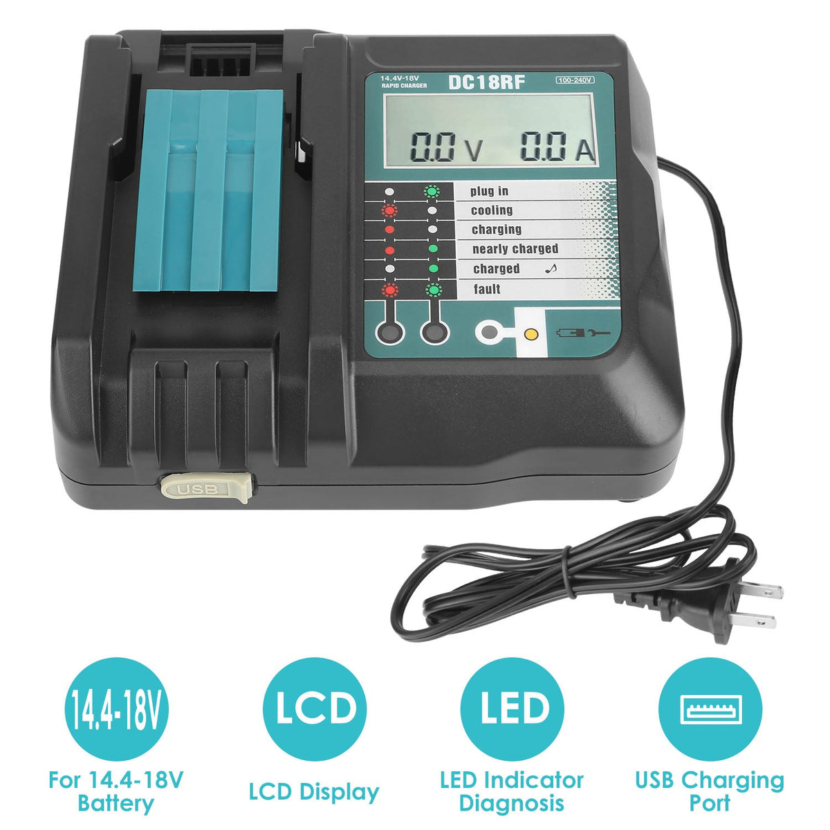 Rapid Charger Replacement Fit for Makita 14.4-18V Battery BL1860 BL1830 BL1850 with_x000B__x000B_LCD Display USB Port