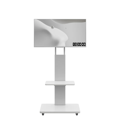 Mobile TV Stand With Shelf Floor Mount Cart For TVs With Lockable Wheels Ideal For Living Room Bedroom Or Office - White