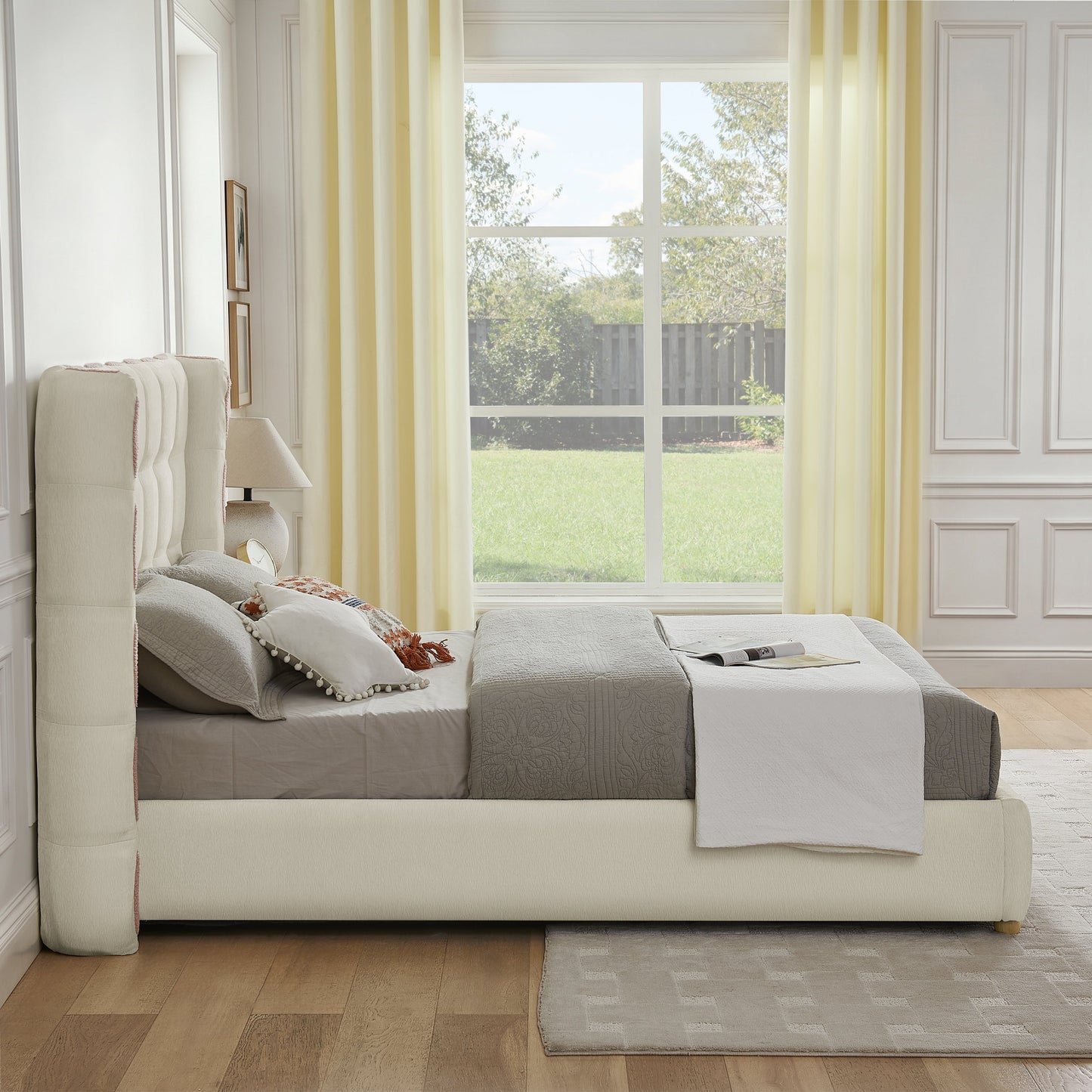 Queen Size Removable Chenille Wingback Upholstered Waffle Bed