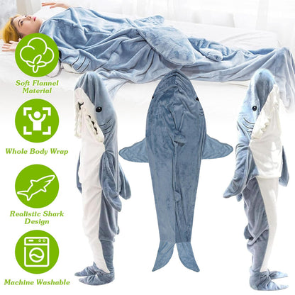 Wearable Shark Sleeping Bag Shark Onesie X-XXL Size Soft Comfortable Flannel Blanket With Zipper Suitable For Adult Children Height 4.2FT to 5.5FT