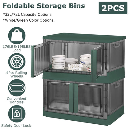 2Pcs 32L Foldable Storage Bins with Lid Collapsible Stackable Closet Organizer Containers with Front Door Lock 4Pcs Wheels