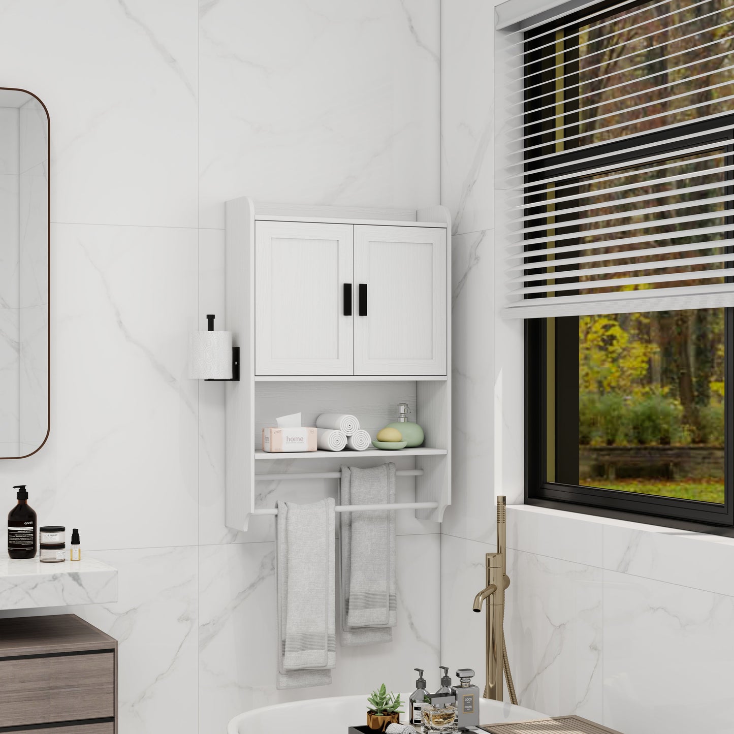 Bathroom Wall Cabinet with Doors, Adjustable Shelf, Towel Bar, and Paper Holder