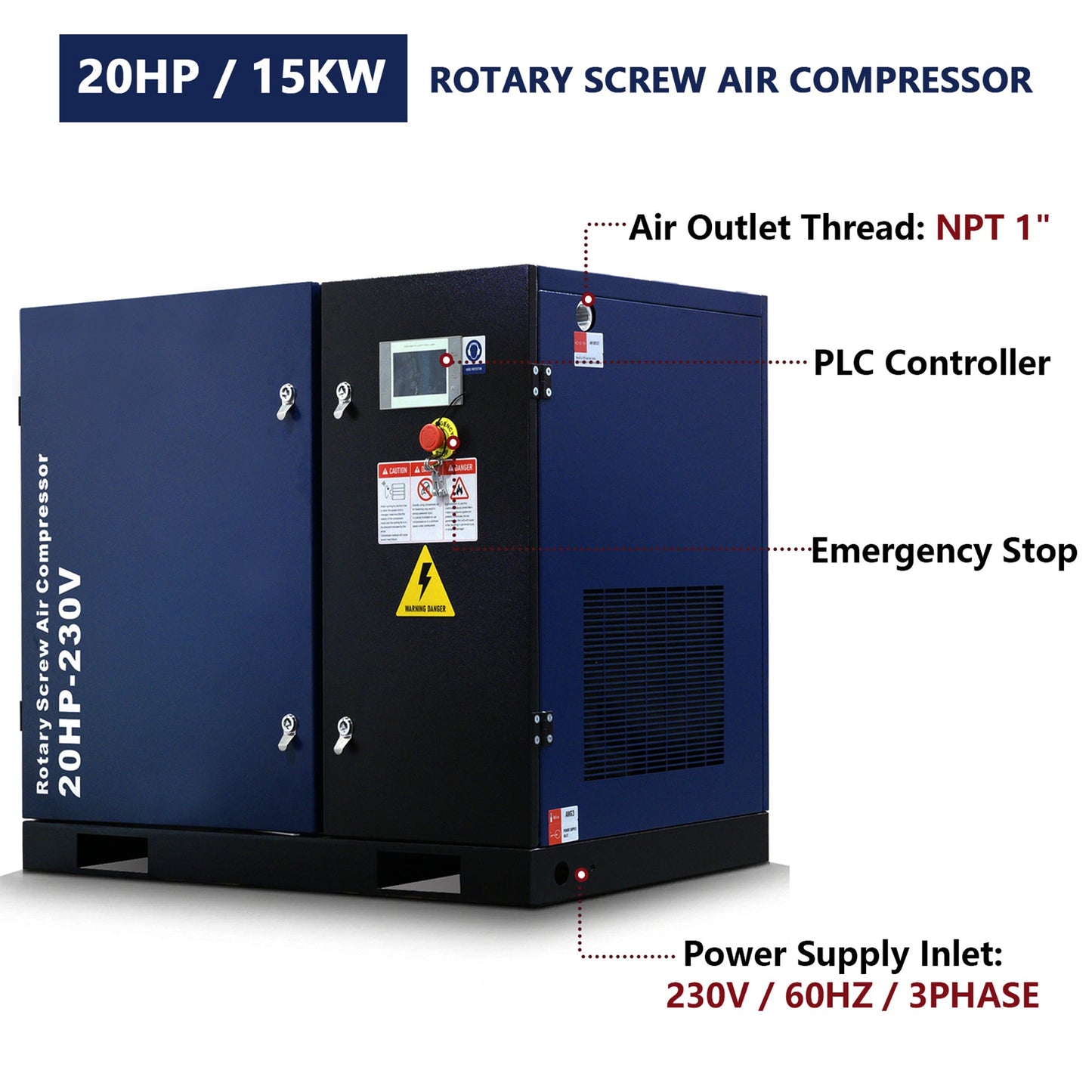 20HP Rotary Screw Air Compressor, 74 CFM, 125 PSI, Industrial-Grade