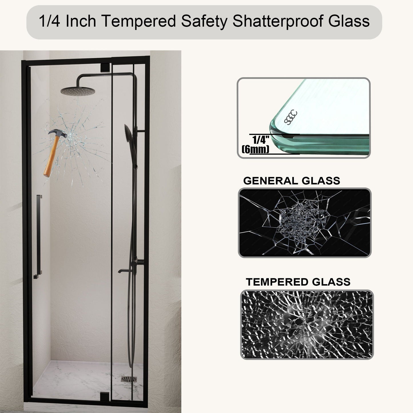 Semi Frameless Pivot Hinged Shower Door, Reversible Design