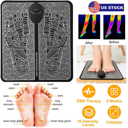 EMS Foot Massage Pad Electric Stimulator Massager Unit Leg Reshaping Muscle Pain Relax Foldable Massage Mat w/ 6 Modes 10 Intensity Levels