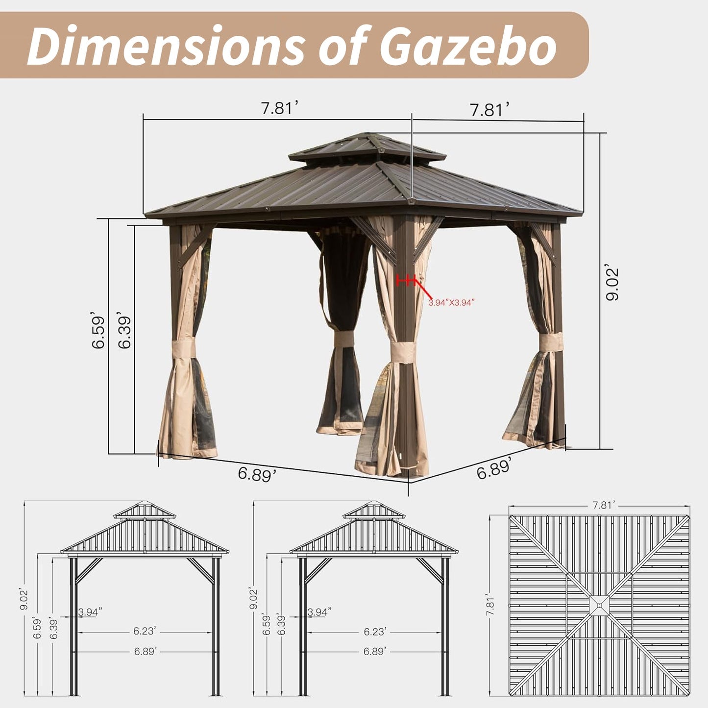 8' x 8' Hardtop Gazebo with Aluminum Frame and Double Roof Canopy