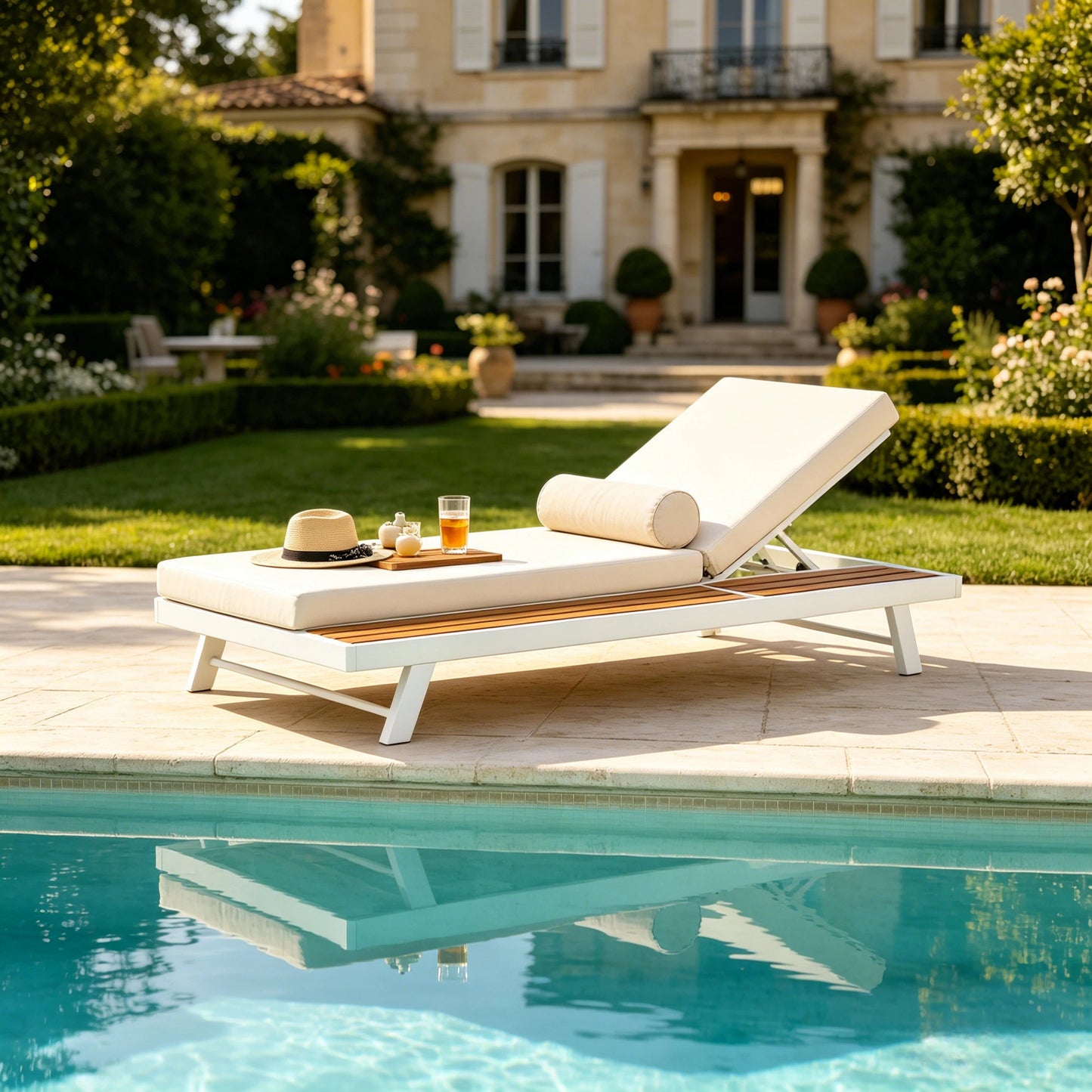 White Iron and Teak Finish Chaise Lounge Set with Cream Cushion