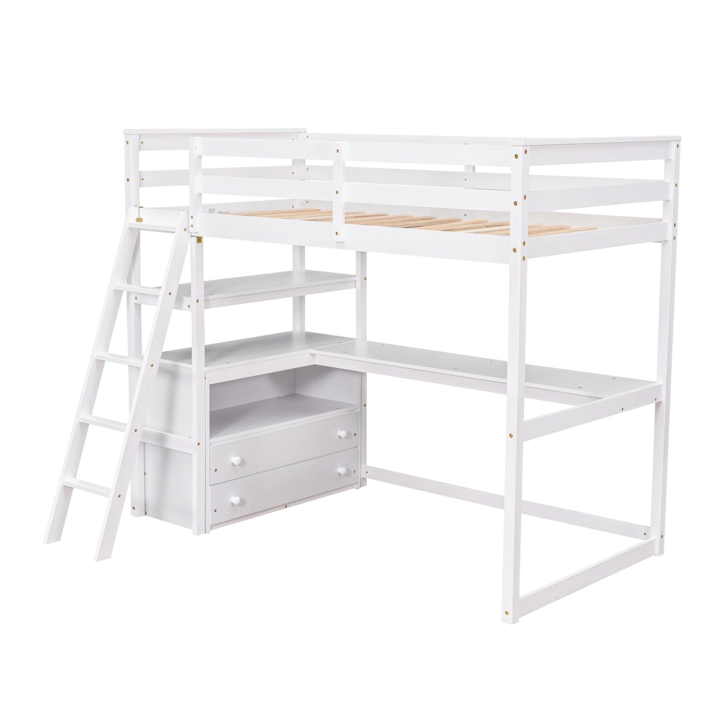 Modern Loft Bed With Built In Desk, Shelves, And 2 Drawers