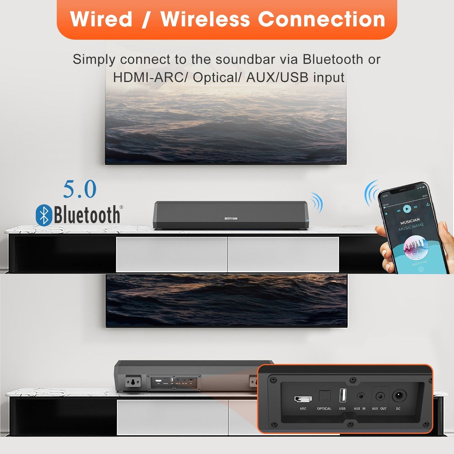 Small Wholesale Echo Wall Soundbar Bar TV Speaker Wireless Home Theater 40W High Power Sound Heater