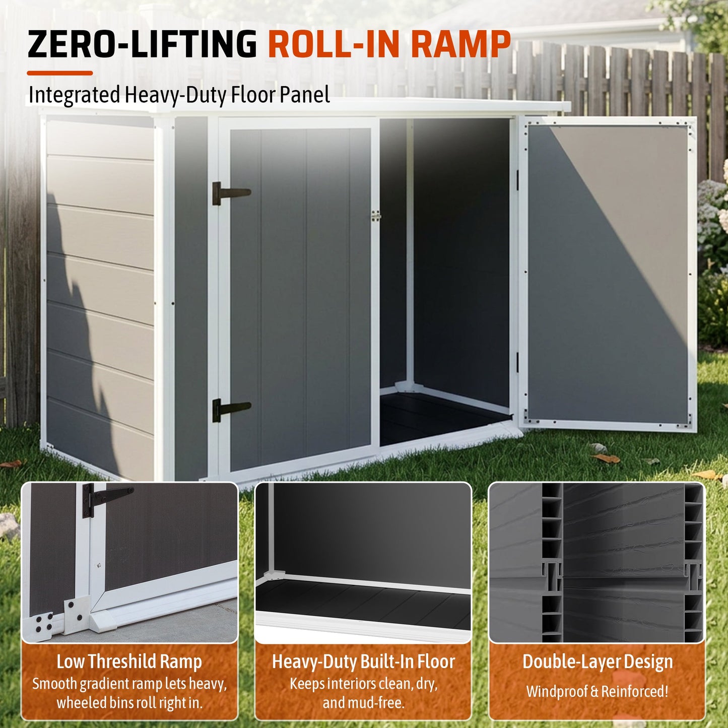Horizontal Outdoor Storage Shed with Ramp & Hydraulic Lid