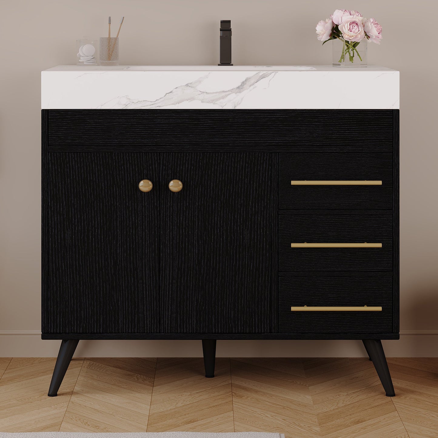 36" Freestanding Bathroom Vanity with Ceramic Sink and Faux Marble Top