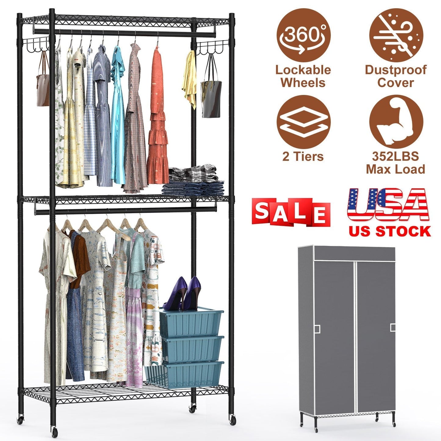 2 Tier Clothing Rack With Cover Portable Wardrobe Closet Covered Garment Rack with 4 Wheels 2 Hanging Rods 2 Hook Racks 35.43x17.13x72.44in