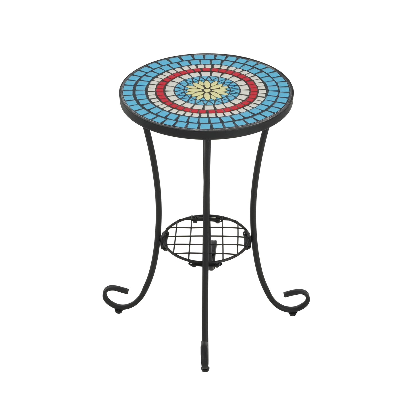 Patio Side Table with Shelf, Blue and Black