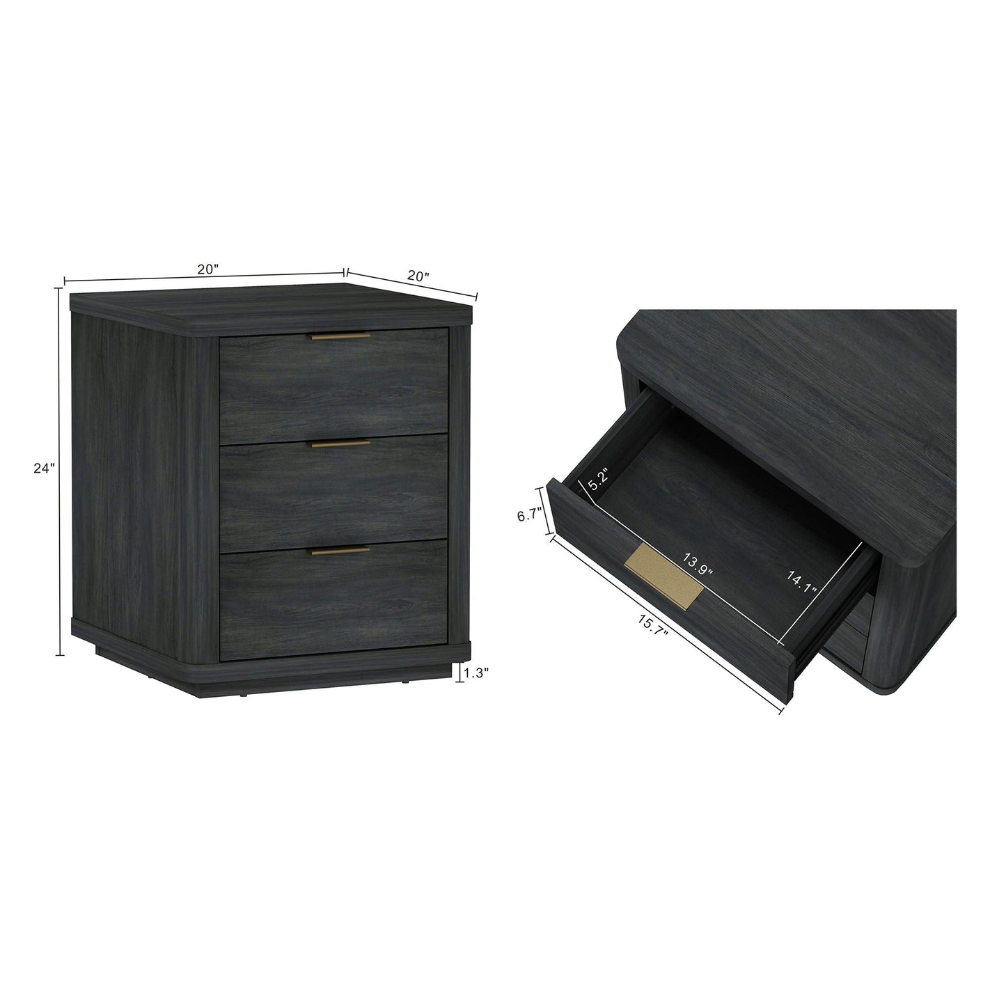 Evelyn - Nightstand With 3 Drawers, Smooth Rounded Edges
