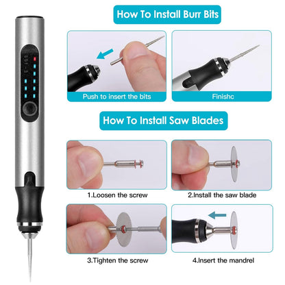 Electric Engraving Pen with 33Pcs Burr Bits 5Pcs Stencils 3 Gears Speed Rechargeable Cordless Professional Engraver Etching Machine For Jewelry Glass