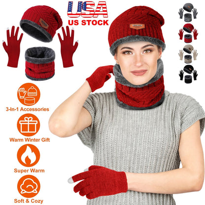 Winter Knitted Hat Scarf Gloves 3Pcs Winter Warm Beanie and Touch Screen Gloves Scarf Set Knit Beanie Skull Cap Neck Warmer Mittens for Men Women