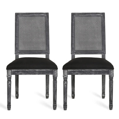 French Country Dining Chair With Rectangular Cane Backrest And Smooth Upholstered Seating