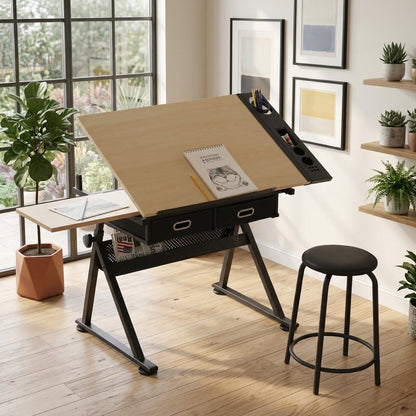 Adjustable Drawing Drafting Table Desk With 2 Drawers - Maple