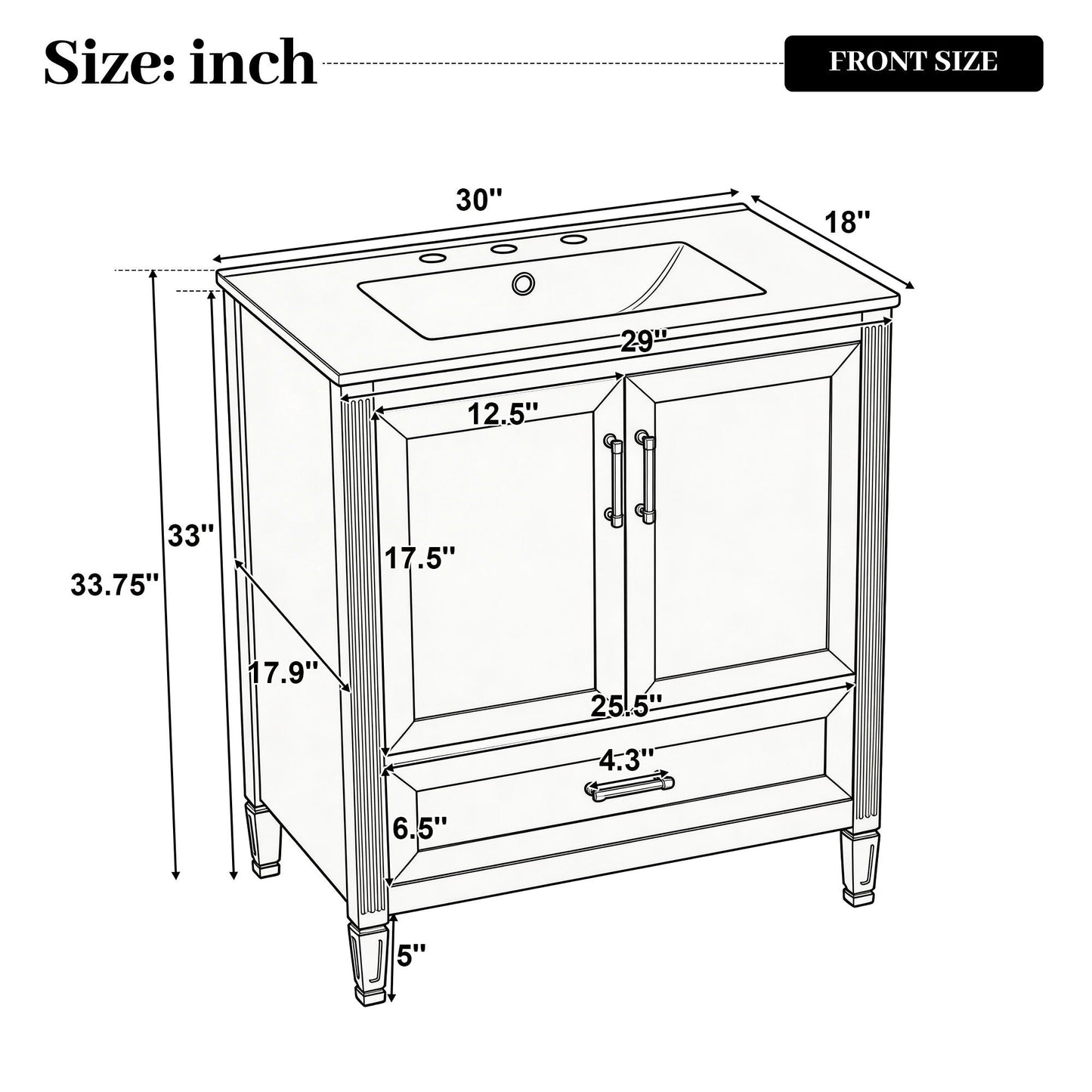 Elegant Fluted Bathroom Vanity With Sink, Soft Close Doors & Drawer
