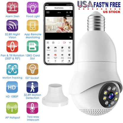 E27 WiFi Bulb Camera 1080P FHD WiFi IP Pan Tilt Security Surveillance Camera with Two-Way Audio Night Vision Flood Light Motion Tracking Siren Functio