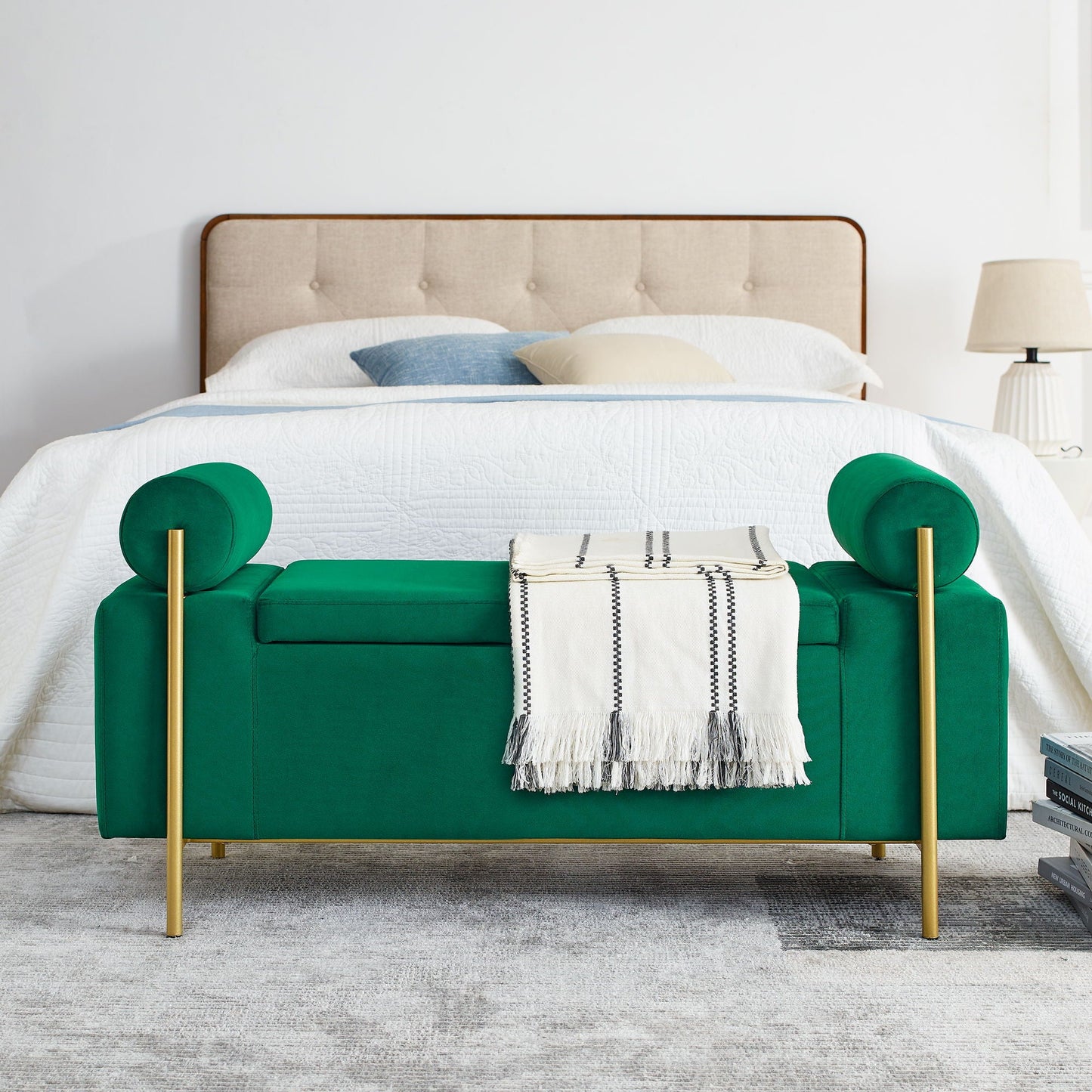 Elegant Upholstered Storage Bench With Cylindrical Arms And Iron Legs,
