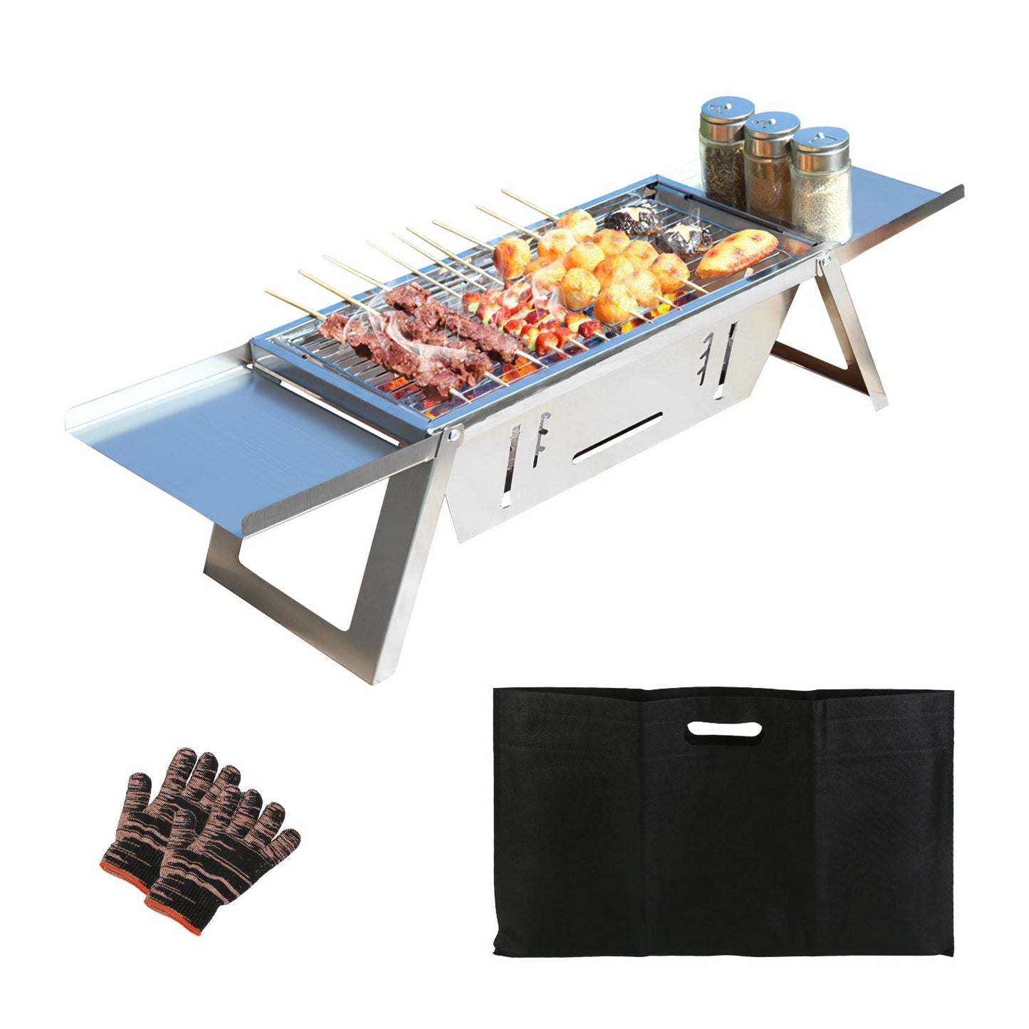 3 In 1 Foldable Charcoal Grill Fire Pit Slow Cooker 2-3 People Portable Camping Grill Stainless Steel BBQ Grill for Camping Tailgating Yard