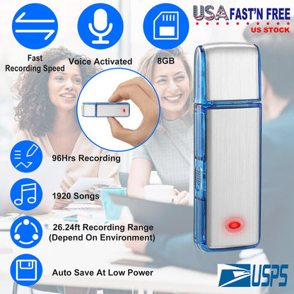 Mini Voice Recorder 8GB Digital Sound Audio Activated Recorder USB Flash Drive Disk w/ 96Hrs Recording U Disk Recorder For Meeting Lectures