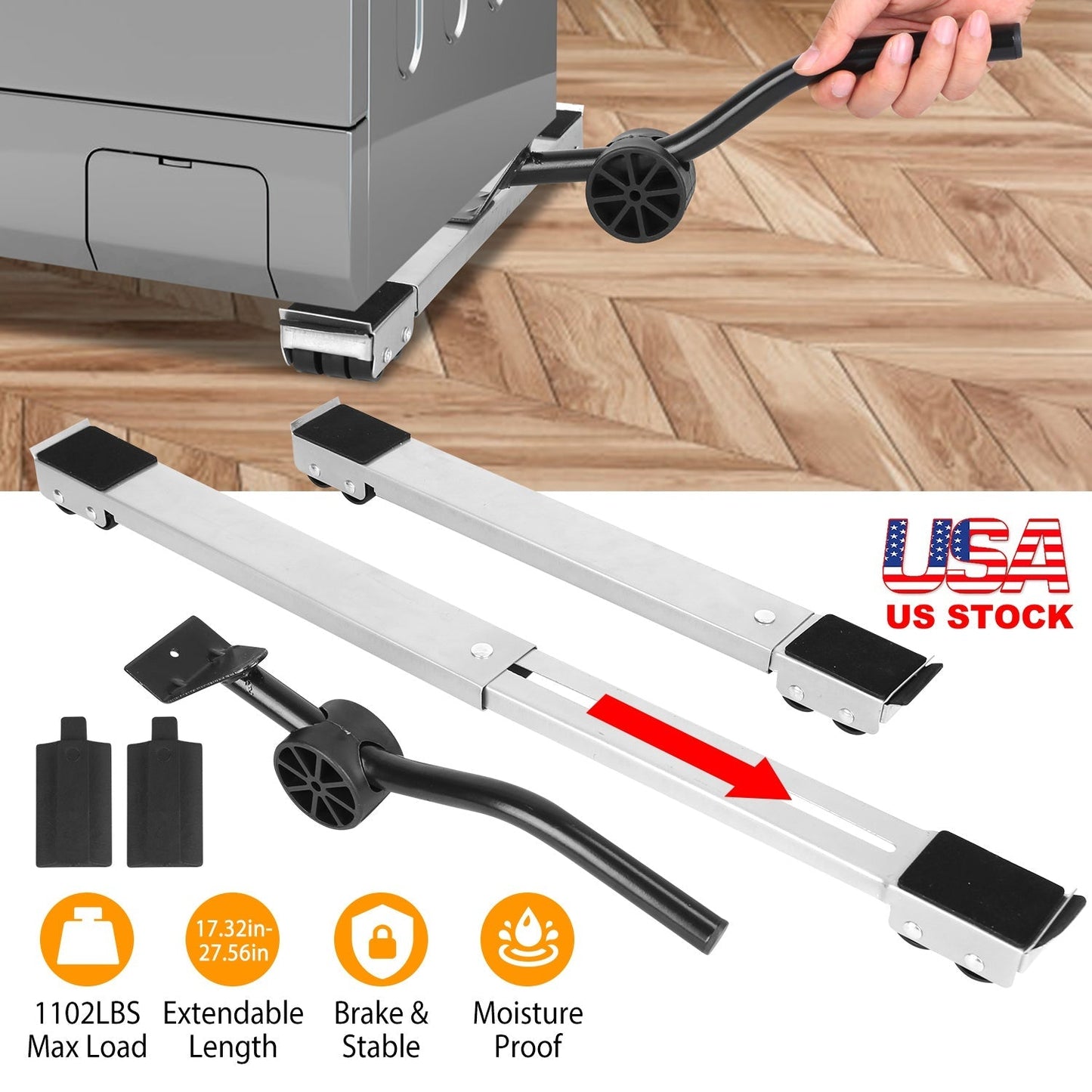 Furniture Dolly Mobile Roller Extendable Appliance Furniture Rolling Base Stand with Brake Pry For Washing Machine Fridge Dryer Cabinet 1102LBS Max Lo
