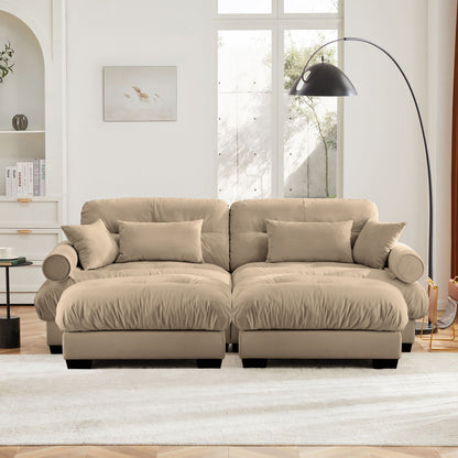 Modern Sectional Sofa With Ottoman, Round Bolster Armrests, Waist And Throw Pillows