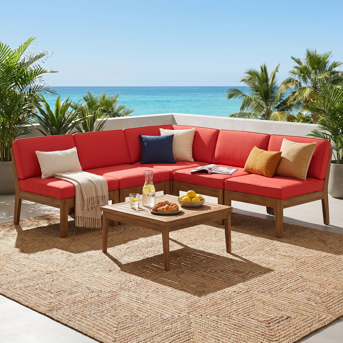 Grenada 5 Seater Acacia Wood Sectional Armless Sofa Set, Teak + Red