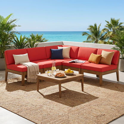 Grenada 5 Seater Acacia Wood Sectional Armless Sofa Set, Teak + Red