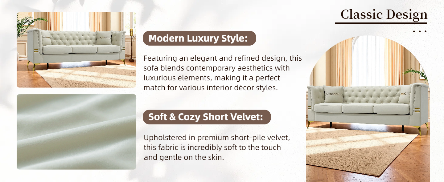 Modern Tufted Velvet Sofa with Gold Accents, 3-Seater